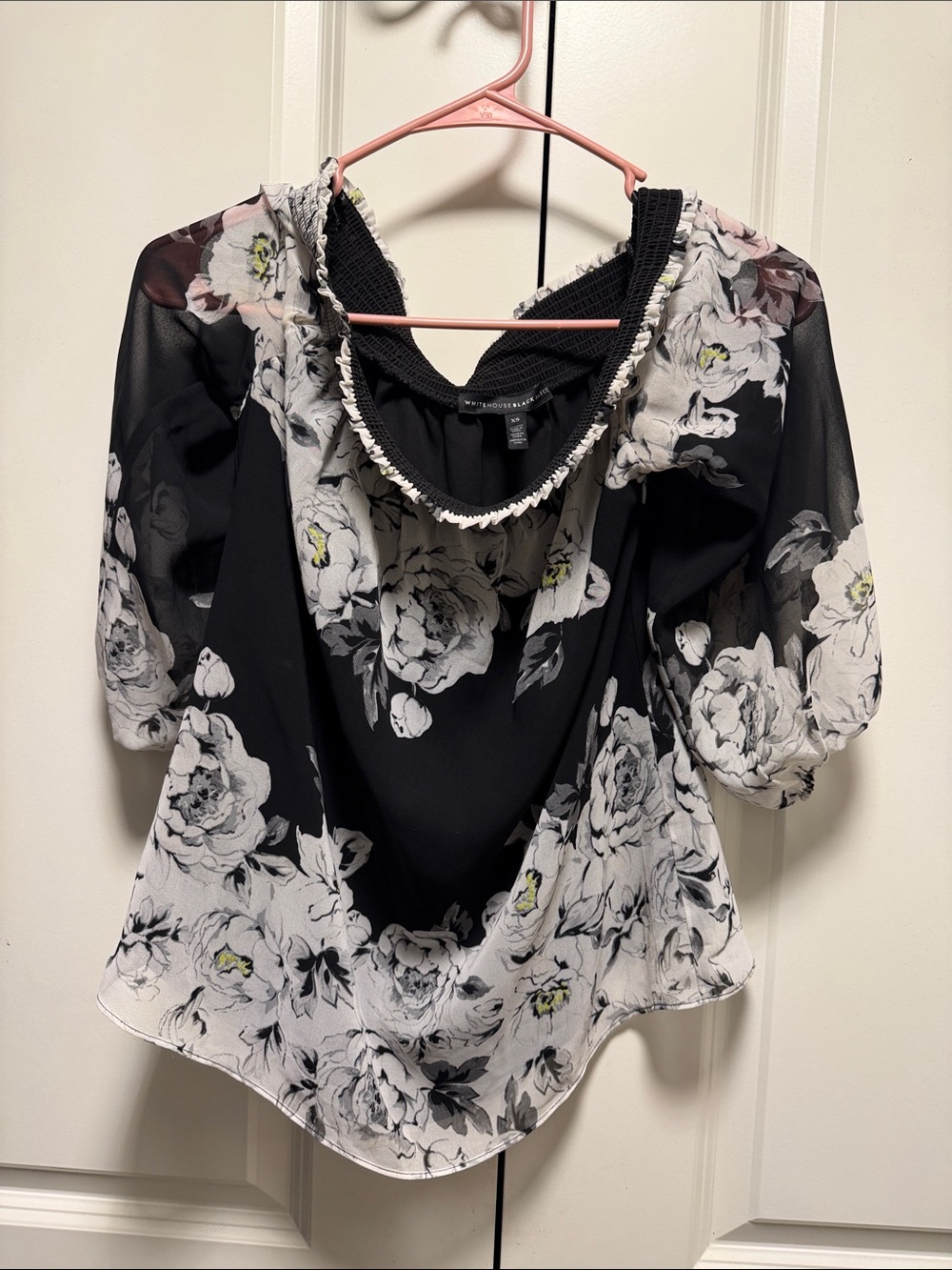 White House Black Market Black and White Floral Off-Shoulder Blouse